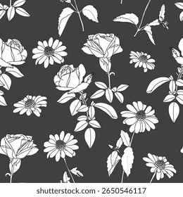 Abstract floral background. Branch of rose and chamomile on dark background.