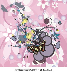 Resumen de fondo floral con mariposas, serie de ilustraciones vectoriales.
