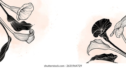 Abstract floral background with calla lily flowers and leaves. Hand drawn beige watercolor frame, border. Vector design of card, banner, invitation, advertising and packaging