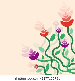 Abstract floral background, colorful flat design flowers, petals and green stems, vector illustration.