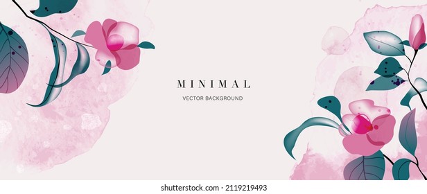 Abstract floral background with colorful watercolor brush pattern. Pink and blue shades flower, leaves and branch in minimal style vector. Design for banner, wallpaper, prints, wall art, invitation.