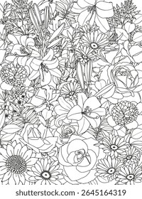 Resumo floral. Página de coloração para adultos e crianças.