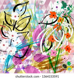 abstract floral background composition, with paint strokes, splashes and little flowers
