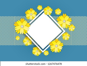 Abstract floral background. Composition paper flowers with leaf. Yellow flowers origami on blue background. Vector illustration paper cut style.