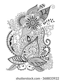 Abstract floral background  in doodle or henna mehndi style.  Hand drawn ink pattern made by trace from personal sketch.  Abstract background, cover, design for bag, knapsack, notebook, datebook . 