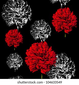 Abstract floral background, fashion black seamless pattern, rich vintage art wallpaper, retro vector fabric with graphic beautiful red creative flowers. Summer, spring theme for decoration and design