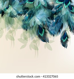 Abstract floral background with feathers and blue  shiny foliage