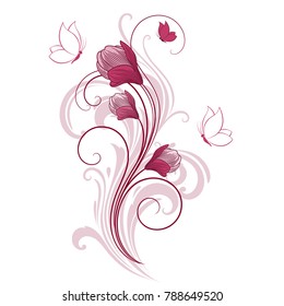 Abstract floral background with flower buds and a butterfly.