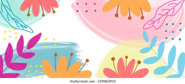Abstract floral background with flowers, branches and leaves. Design in pastel pink and green shades watercolor texture for banner, prints, wall art and home decor.