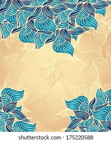 Abstract floral Background with flowers shells seaweed in beige marine color hand draw