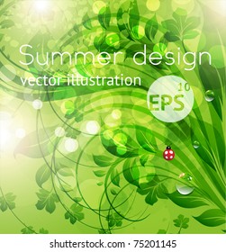 Abstract floral background with flowers, sun shine and ladybird. For summer or spring design. Eps 10