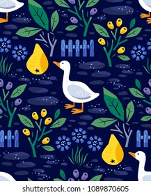 Abstract floral background with geese, pears, berries and flowers. Hand-drawn vector Illustration.