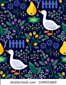 Abstract floral background with geese, pears, berries and flowers. Hand-drawn vector Illustration.