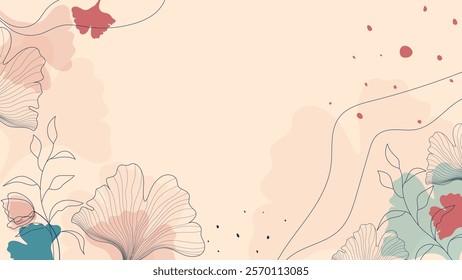 abstract floral background with ginkgo leaves, wavy lines, and color spot