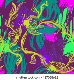 Abstract floral background for girls in neon bright colors on purple background. Creative beautiful design for fashion clothes, wallpaper, dress. Seamless pattern 
with branches and leaves, waves line