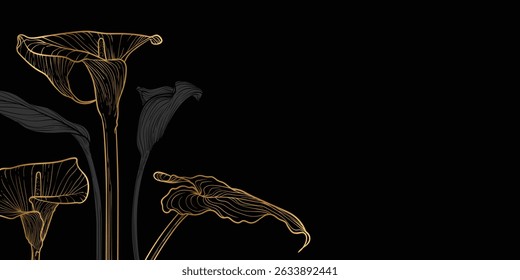 Abstract floral background with gold calla lily flowers and leaves. Hand drawn luxurious calla decoration on black background. Vector design of card, banner, invitation, advertising and packaging