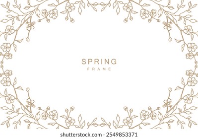 Fundo floral abstrato com linha dourada do ramo florido da primavera. Esquina. Quadro desenhado à mão de luxo. Ilustração vetorial para design de cartão, banner, convite de casamento, publicidade, embalagem