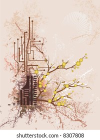 Abstract floral background with grunge and circuit details, vector illustration series.