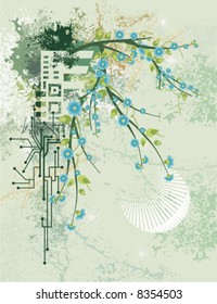 Abstract floral background with grunge and circuit details, vector illustration series.