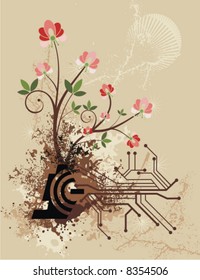 Abstract floral background with grunge and circuit details, vector illustration series.