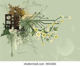 Abstract floral background with grunge and circuit details, vector illustration series.