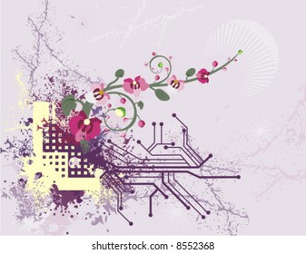 Abstract floral background with grunge and circuit details, vector illustration series.