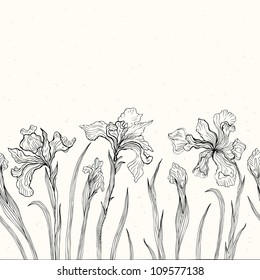 Abstract floral background. Hand drawn Iris. Seamless pattern.