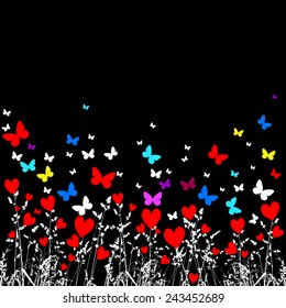 Abstract floral background with hearts and butterflies. Vector 