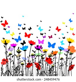 Abstract floral background with hearts and butterflies. Vector 