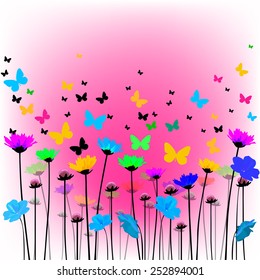 Abstract floral background with hearts and butterflies. Vector 