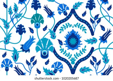 Abstract floral background with Islamic art motifs. Seamless vector pattern with Damask ornament and wildflowers on dark blue background. Oriental collection.