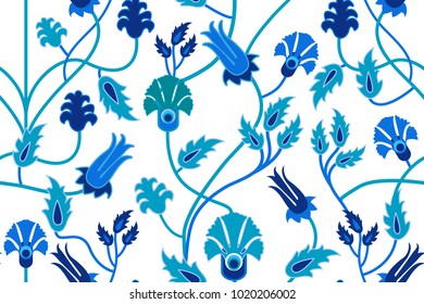 Abstract floral background with Islamic art motifs. Seamless vector pattern with Damask ornament and wildflowers on dark blue background. Oriental collection.