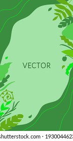 Abstract floral background with leaves and copy space for text in bright green tones. Templates and banners with plant and leafy elements for the design of packaging, covers, posters.