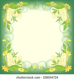 Abstract floral background: leaves, flowers, feathers and circles on green and white. Vector