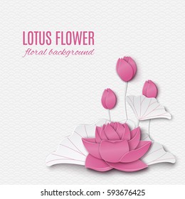 Abstract Floral Background With Lotus Pink Flowers, Oriental Pattern And Space For Title Text. Vector Illustration, Paper Cut Out Art Style. Layers Are Isolated