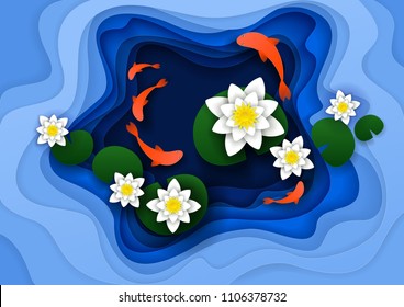 Abstract floral background with lotus water lily flowers, koi fish, water pond. Vector illustration in paper cut style.