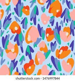 Abstract floral background made of tulip buds. Geometric shapes. Flowers seamless pattern. Fantasy florals. Textile and fabric design.