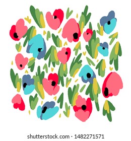 Abstract floral background made of tulip buds isolated on white. Geometric shapes. Fantasy florals. Artistic doodles illustration. 