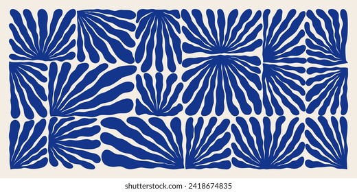 Resumen del estilo de matisse de fondo floral. Impresión de hojas de algas contemporáneas, elementos azules modernos y formas orgánicas para la decoración de las paredes. Ilustración del vector