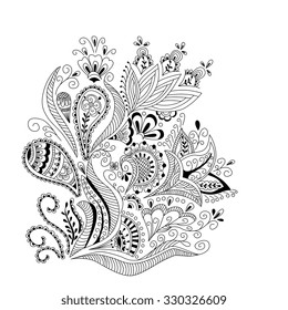 Abstract floral background  in mehndi style.  Hand drawn ink pattern made by trace from personal sketch.  Abstract background, cover, print. 