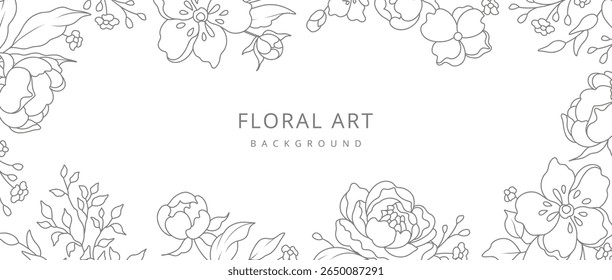 Abstract floral background with minimal flowers and leaves in line art style. Hand drawn botanical elements. Vector illustration for card, banner, print, poster, cover, wedding invitation, packaging