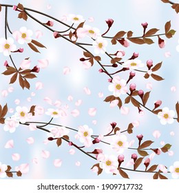 Resumen de fondo floral sobre azul cielo. Ramas florecientes de cerezo y pétalos voladores en formato cuadrado de arreglo aleatorio, patrón sin fisuras. Textura de Sakura rosa, EPS 10, vector