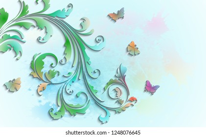 Abstract floral background with paper colorful flowers and butterflies. Vector illustration.