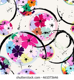 abstract floral background pattern, with circles, strokes and splashes, seamless