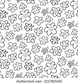 Abstrakter floraler Hintergrund. Muster mit handgezeichneter Blume. Schwarz-Weiß Kontur nahtlose botanische Druck für Umschlag, Gewebe, Textilien. Rundblätter in unregelmäßiger Form. Vektordoodle von Freehand.