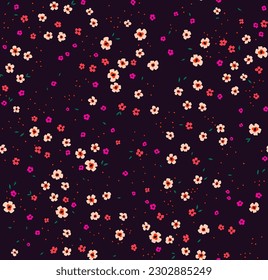 Abstract floral background. Floral pattern with small colorful flowers on a dark violet background. Seamless pattern for design and fashion prints. Ditsy style. Stock vector illustration.