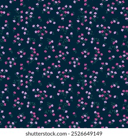 Abstract floral background. Floral pattern with small pink and fuchsia flowers on a dark navy blue background. Seamless pattern for design and fashion prints. Ditsy style. Stock vector illustration.