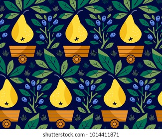 Abstract floral background with pears and berries. Hand-drawn vector Illustration