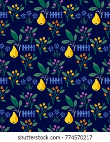 Abstract floral background with pears, berries and flowers. Hand-drawn vector Illustration.