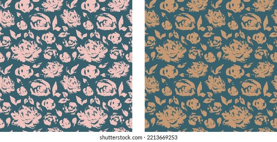 Abstract floral background. Peony silhouette. Autumn color combination. Blue background. Pink. Beige. Set of prints. Seamless vector floral pattern.